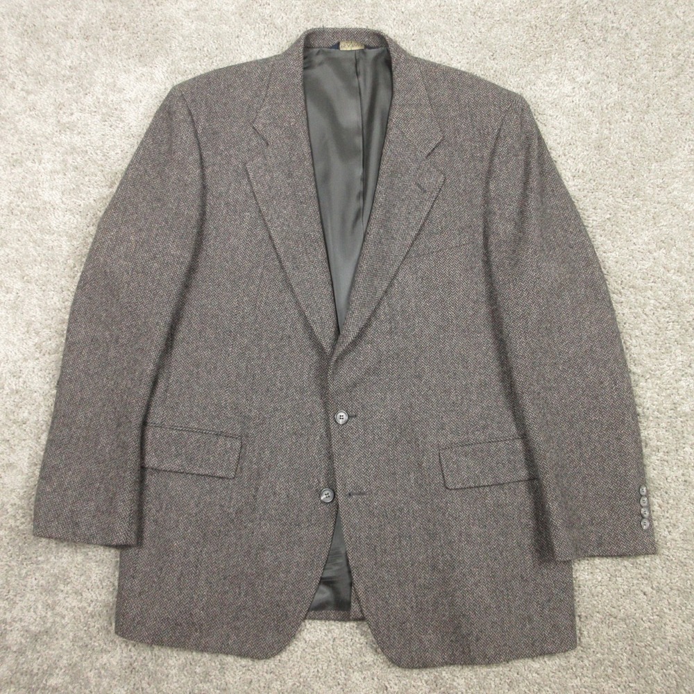 Vintage Jos A Bank Jacket Mens 44 L Gray Herringbone Tweed Executive Blazer Wool